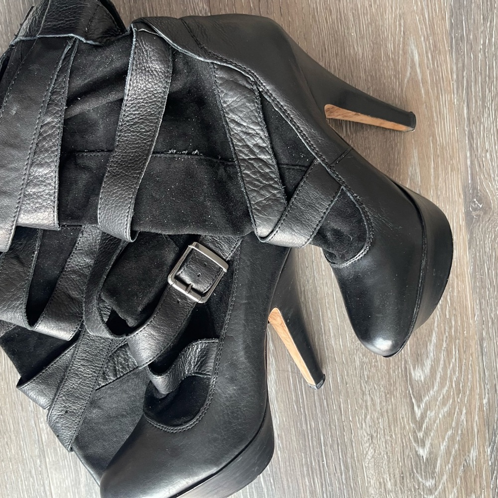 Black Strappy High Heel Knee High Boots